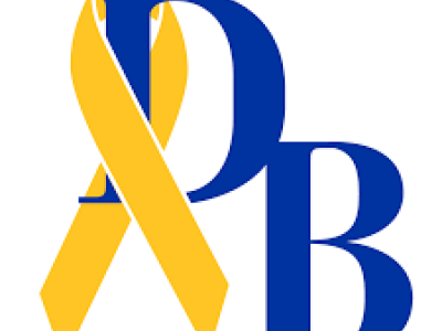 Capital D and B letters in royal blue, stacked at an angle and with yellow awareness ribbon wrapping around the spine of the D