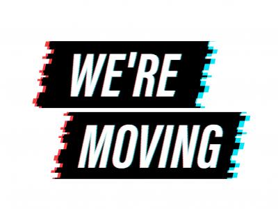 White, all-caps text reads "We're Moving" against black rectangular parallelograms; a slight blur effect suggests movement. 