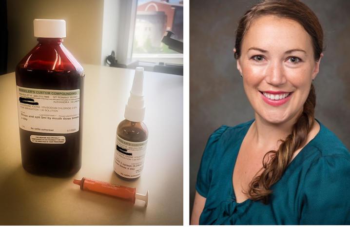 Image on left is bottle and nasal spray of iodine preparation. Image on left is a headshot of Dr. Alex Kejner. 