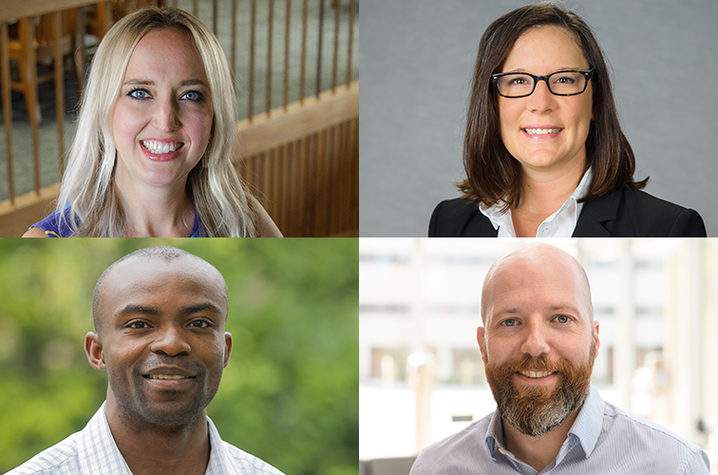 The COBRE grant will support four early career researchers, top: Carrie Shaffer, Gluck Equine Research Center, and Martha Grady, College of Engineering, bottom: Samuel G. Awuah, College of Arts & Sciences, and Vincent Venditto, College of Pharmacy.