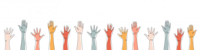 Illustration of raised hands in a horizontal line 