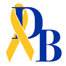 Capital D and B letters in royal blue, stacked at an angle and with yellow awareness ribbon wrapping around the spine of the D
